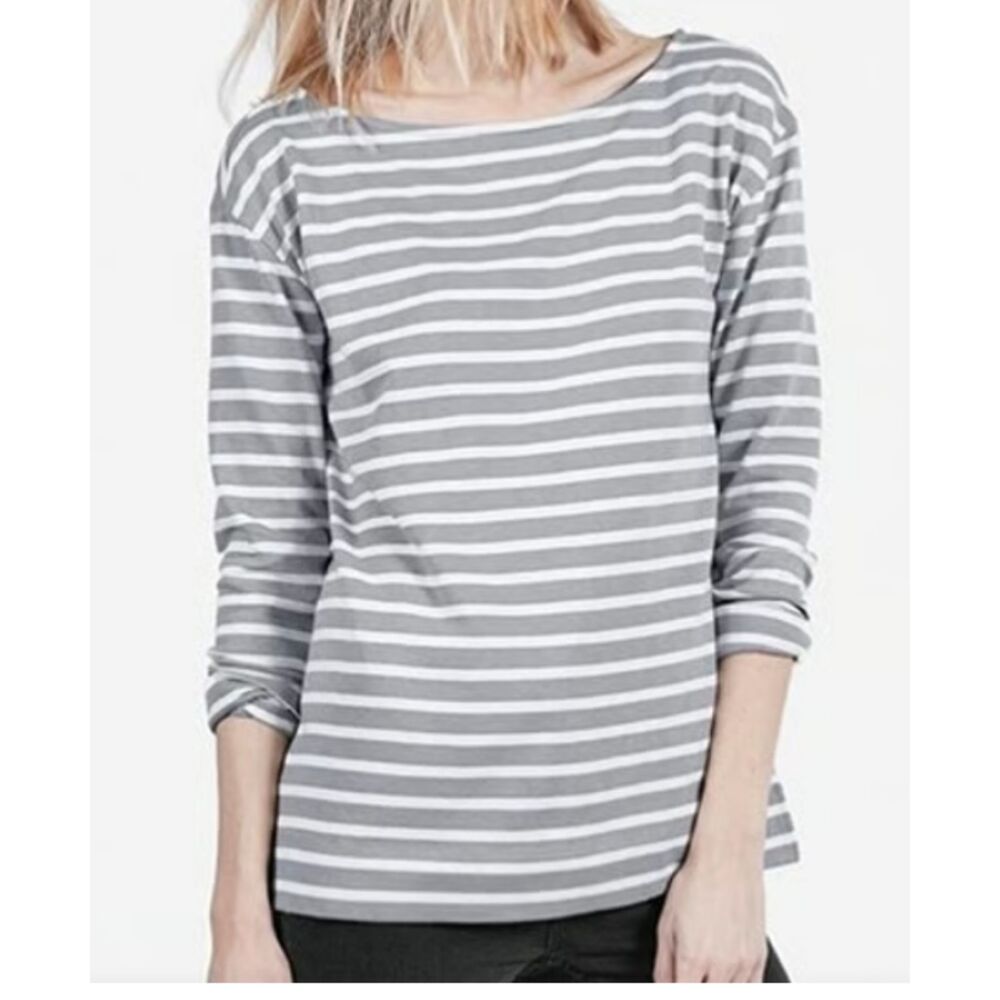 Everlane Women Long Sleeve Grey/Cream Striped Tee, Size XS, Heavy Weight Knit